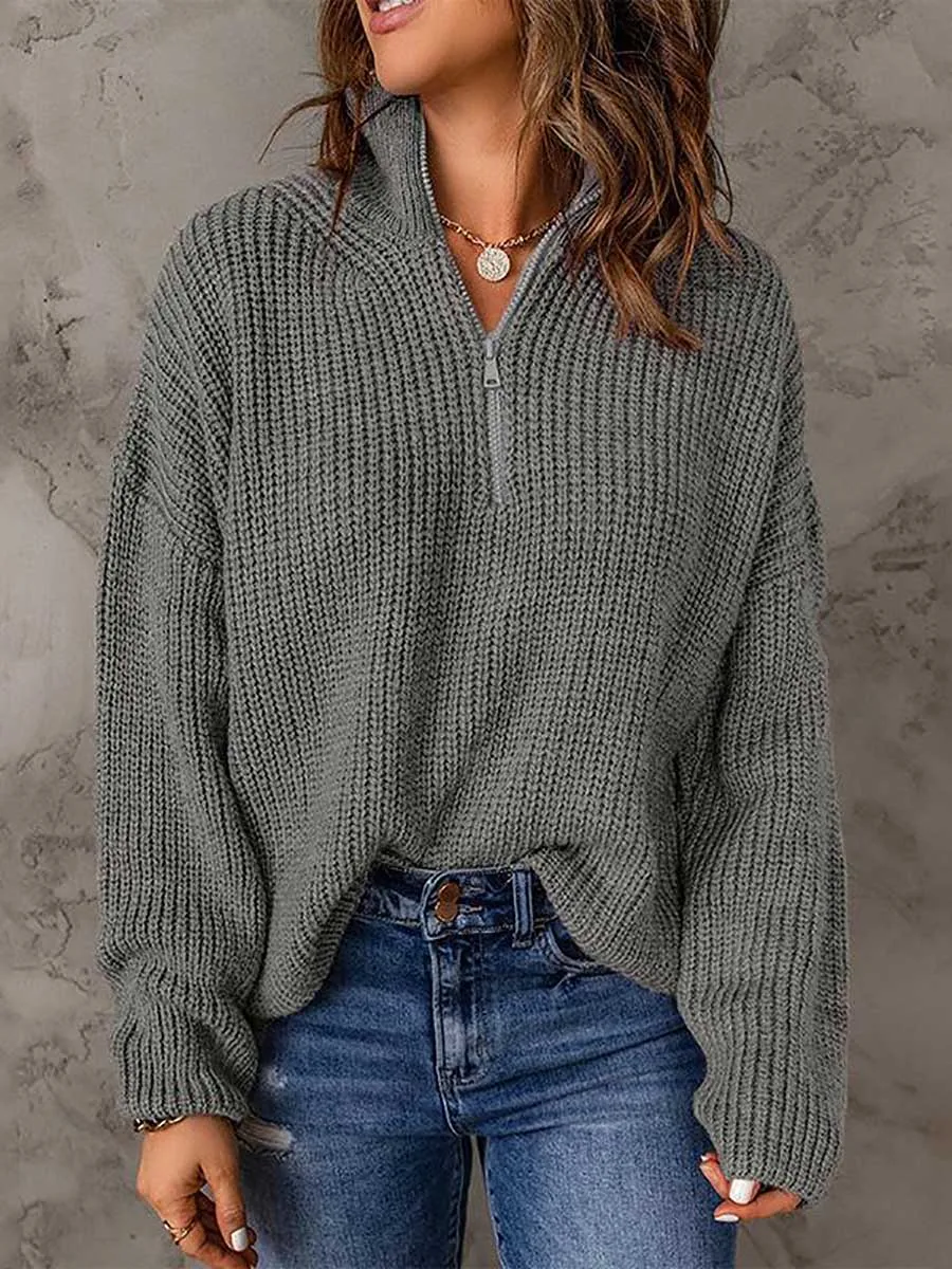 Stunncal High Neck Zipper Loose Sweater