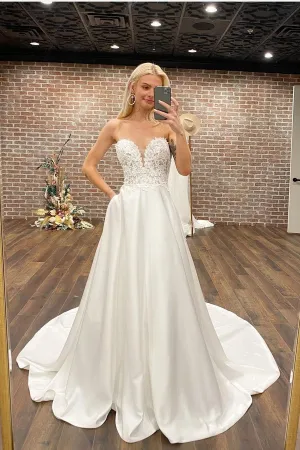 Sweethart Lace Satin Bridal Dresses with Pockets