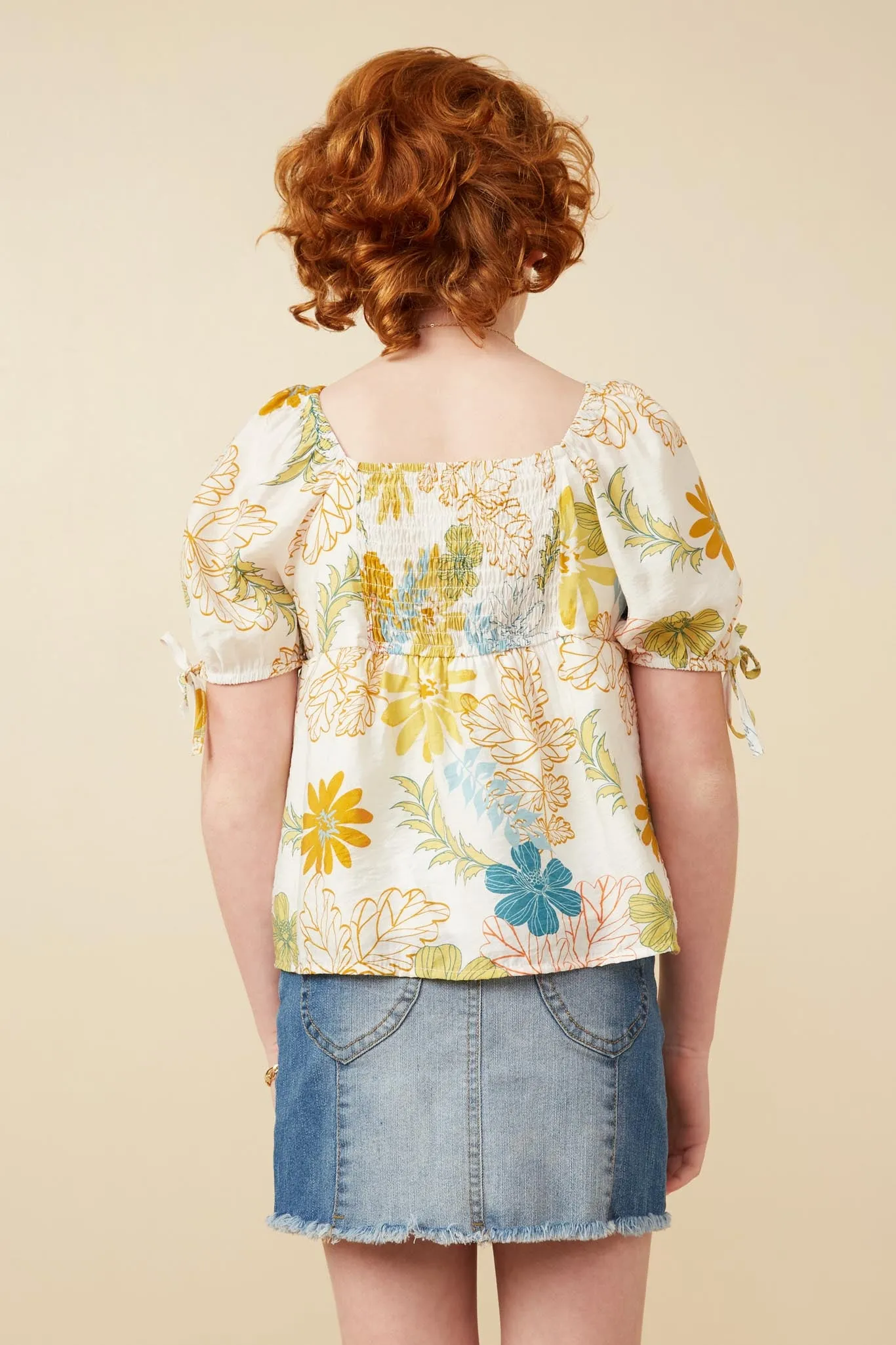 Textured Botanical Print Shirred Front Top