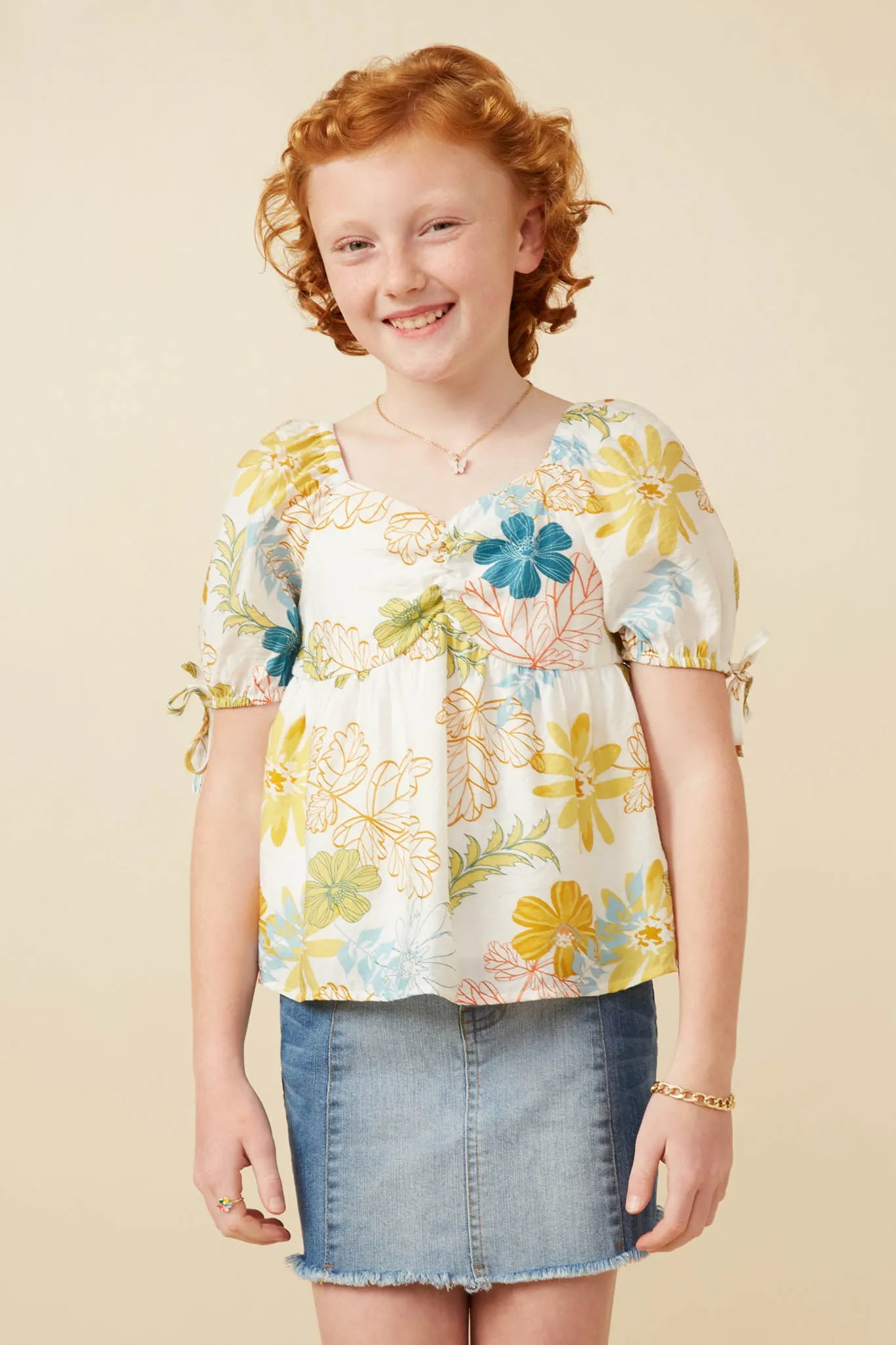 Textured Botanical Print Shirred Front Top
