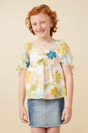 Textured Botanical Print Shirred Front Top