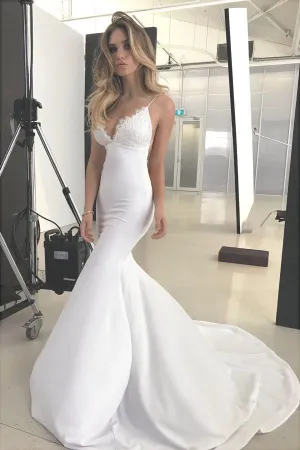 Thin Straps Mermaid Wedding Dresses Lace Neckline