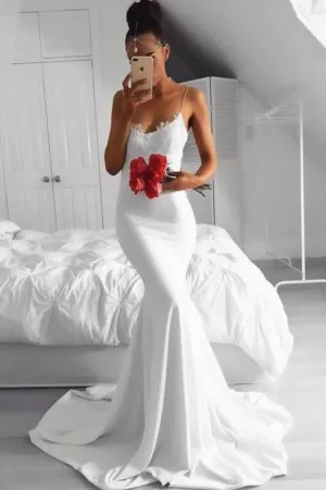 Thin Straps White Mermaid Prom Gowns with Lace Details