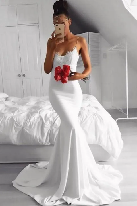 Thin Straps White Mermaid Prom Gowns with Lace Details