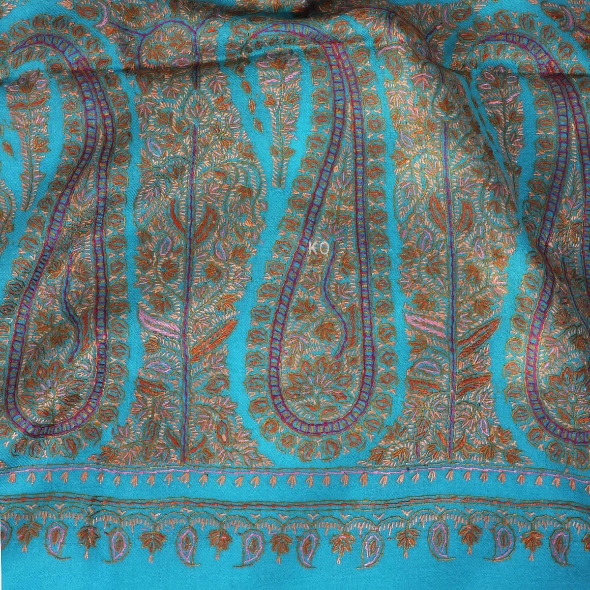 Tourquise base sangeen Paisley design sozni Embroidered Jamawar Pashmina Shawl