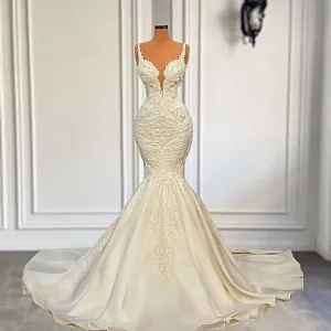 V-neck Sleeveless Pearls Lace Women White Bridal Wedding Gowns