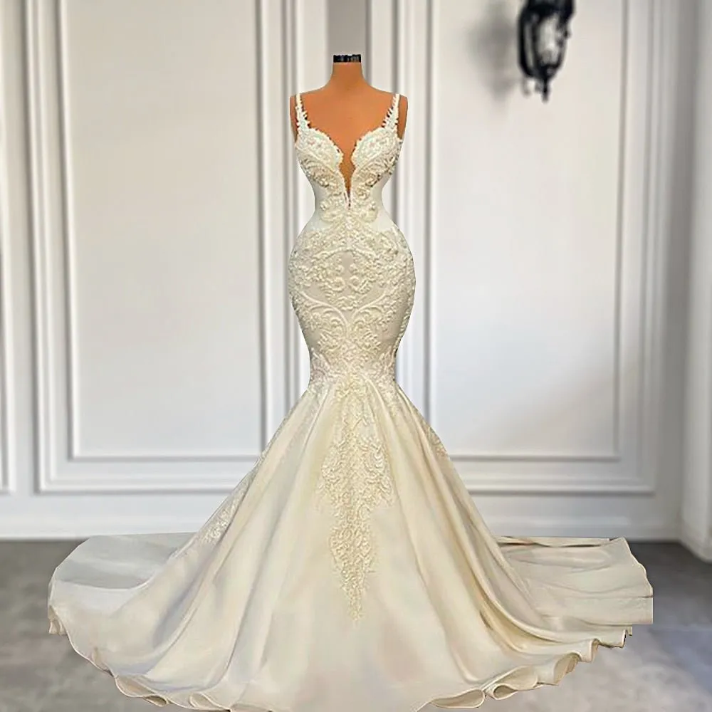 V-neck Sleeveless Pearls Lace Women White Bridal Wedding Gowns