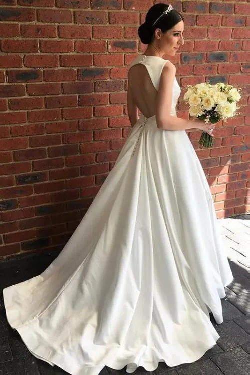 V-neckline Satin Bridal Gown Dress for Wedding 2019