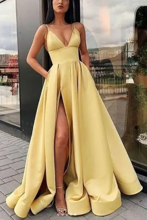 V-neckline Yellow Satin Long Prom Dresses with Pockets