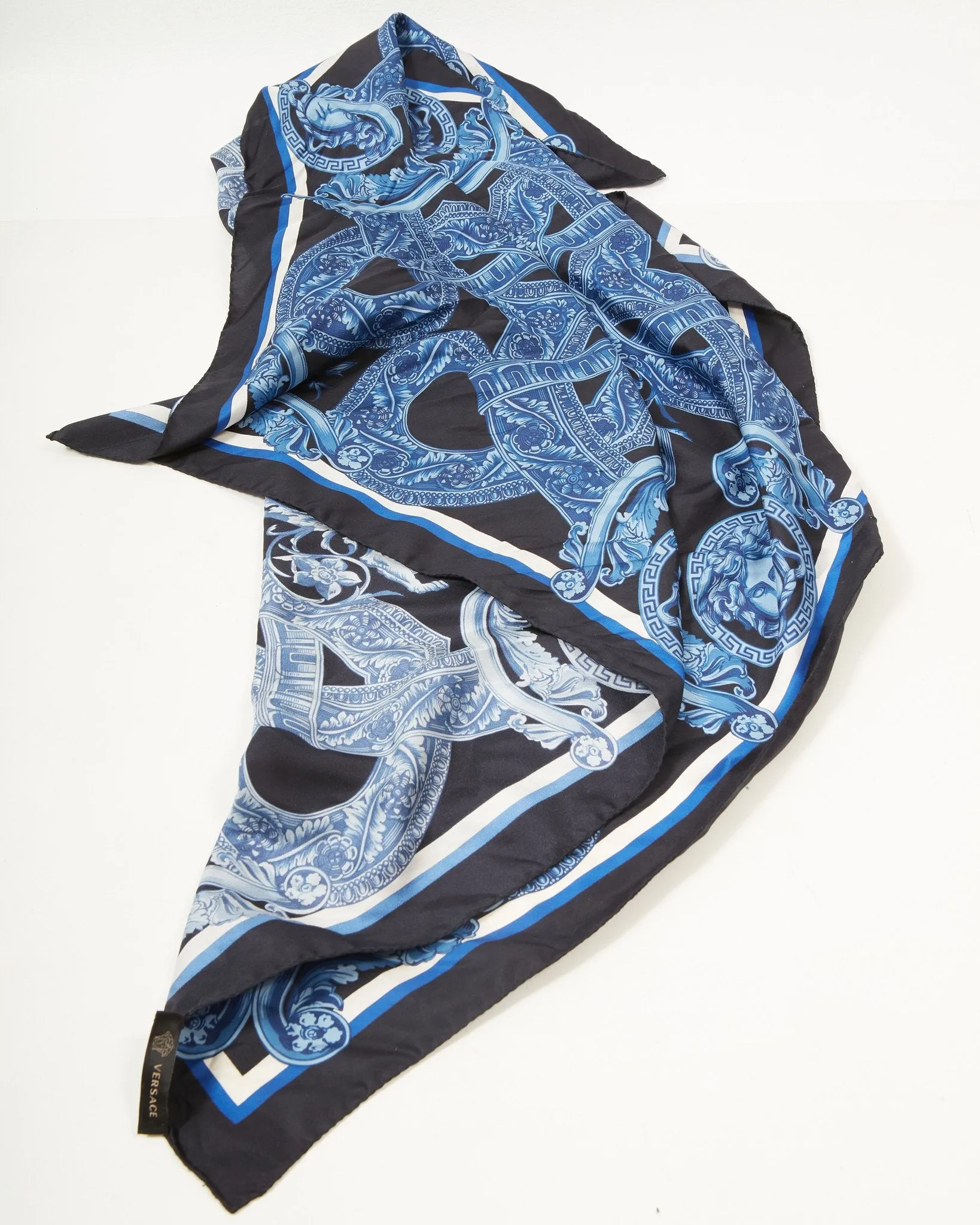 Versace Black and Blue Medusa Head Silk Scarf