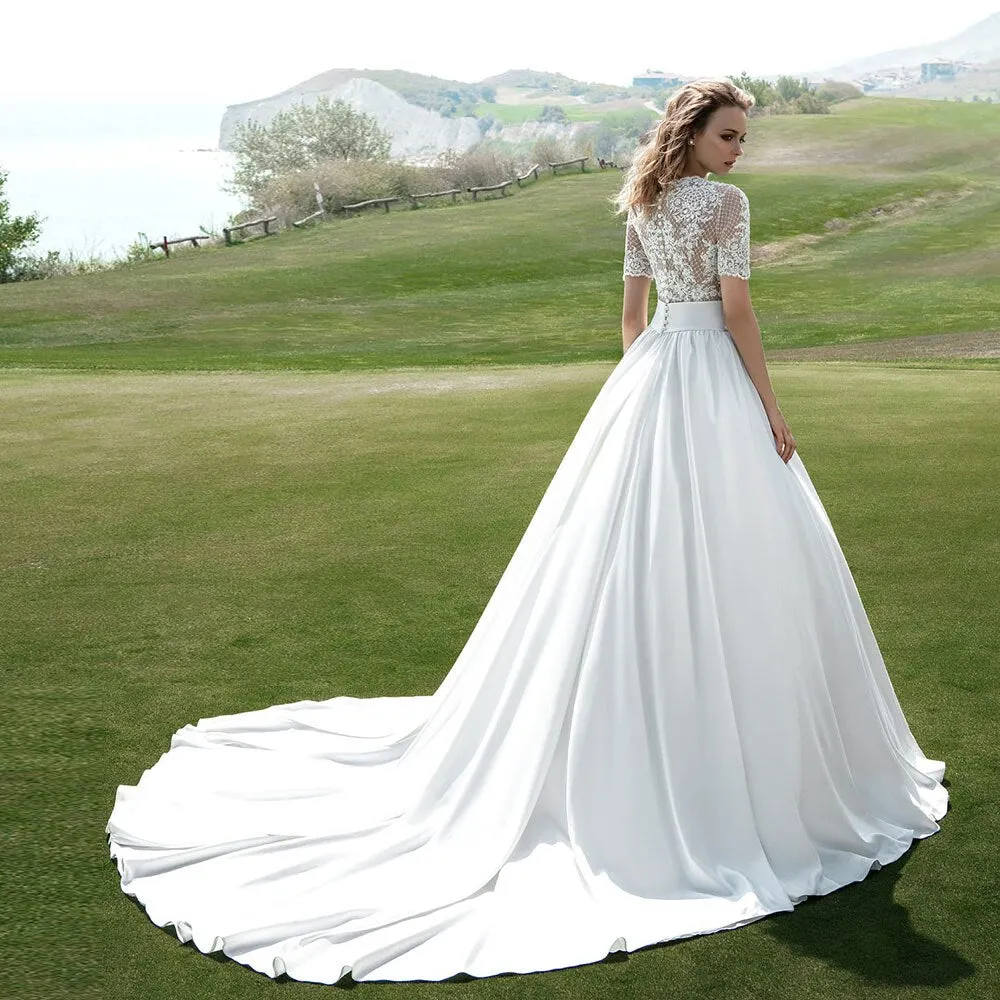 Vestidos De Novia Short Sleeve Buttons Up Back Pearls Appliques Lace See Through White Satin Bridal Wedding Dresses