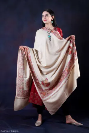 White Base Tilla and Sozni Embroidered Handwoven Pashmina Shawl