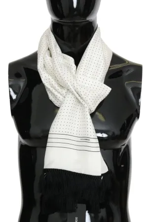 White Polka Dotted Silk Fringes Scarf