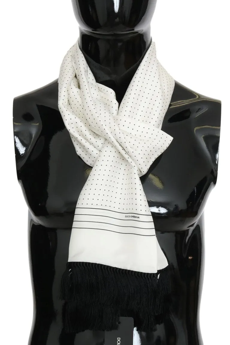 White Polka Dotted Silk Fringes Scarf