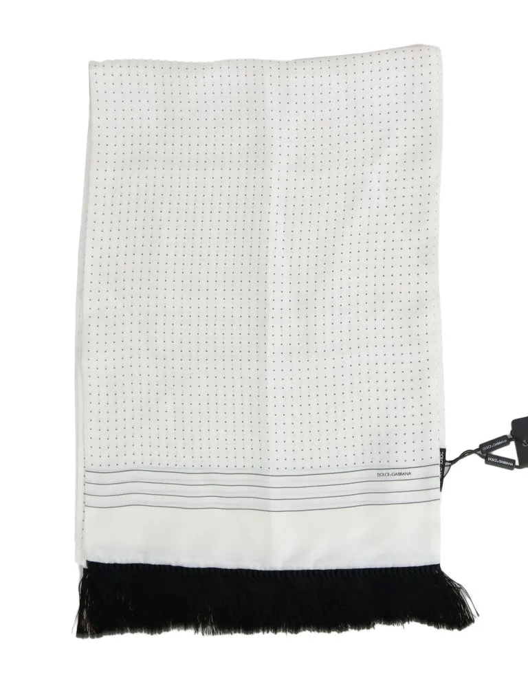 White Polka Dotted Silk Fringes Scarf