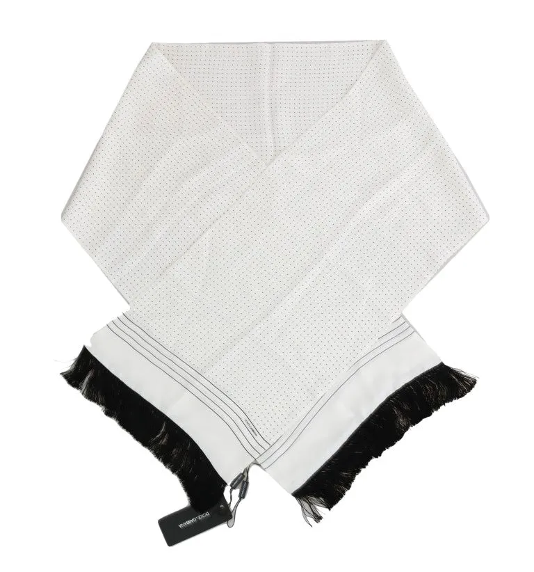 White Polka Dotted Silk Fringes Scarf