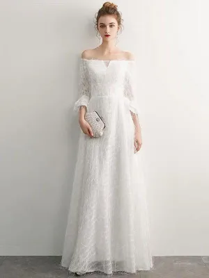 White Prom Dresses Long Off Shoulder Long Sleeve Maxi Formal Evening Gowns