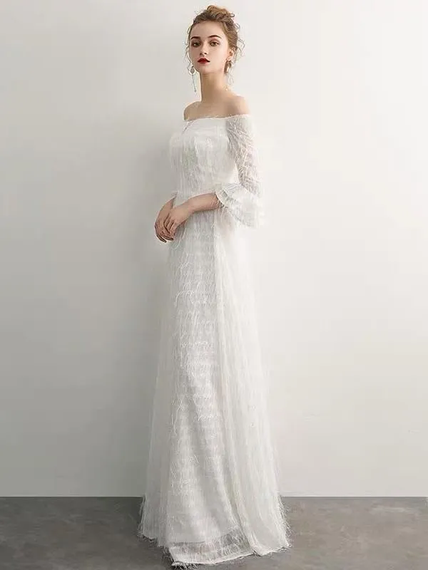 White Prom Dresses Long Off Shoulder Long Sleeve Maxi Formal Evening Gowns