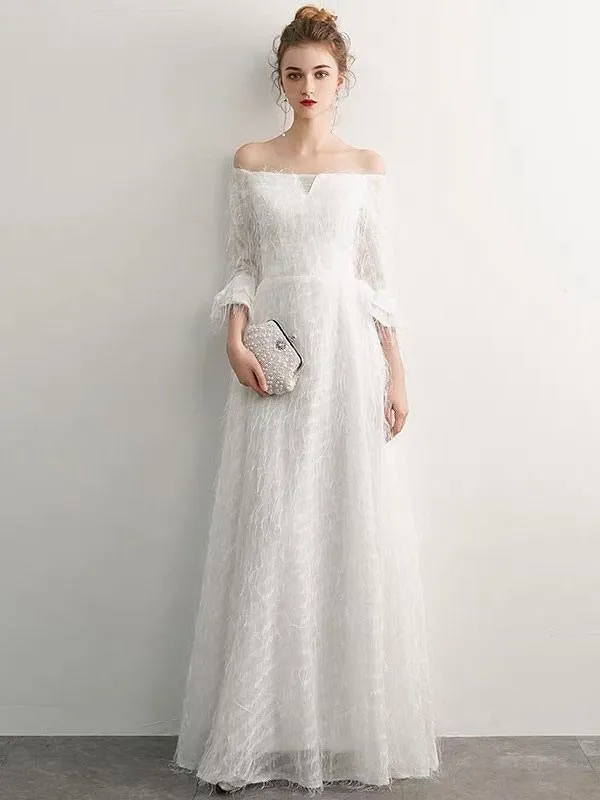 White Prom Dresses Long Off Shoulder Long Sleeve Maxi Formal Evening Gowns