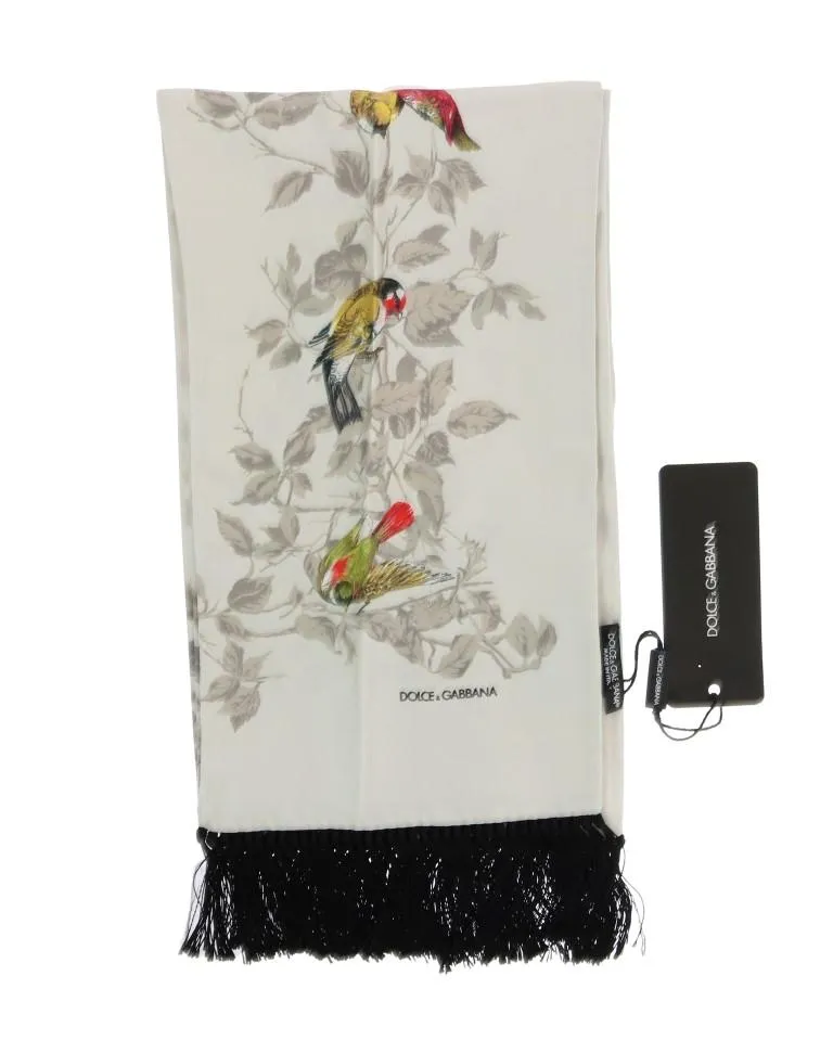 White Silk Bird Print Scarf