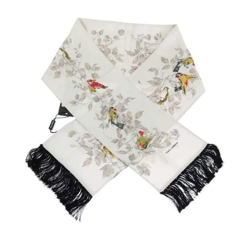 White Silk Bird Print Scarf