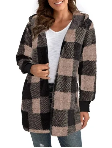 Winter Coats Woman 2024 Vintage Loose Plaid Woolen Cardigan Jacket Hooded Sweatshirt Casual Medium To Long Plush Cardigan Jacket