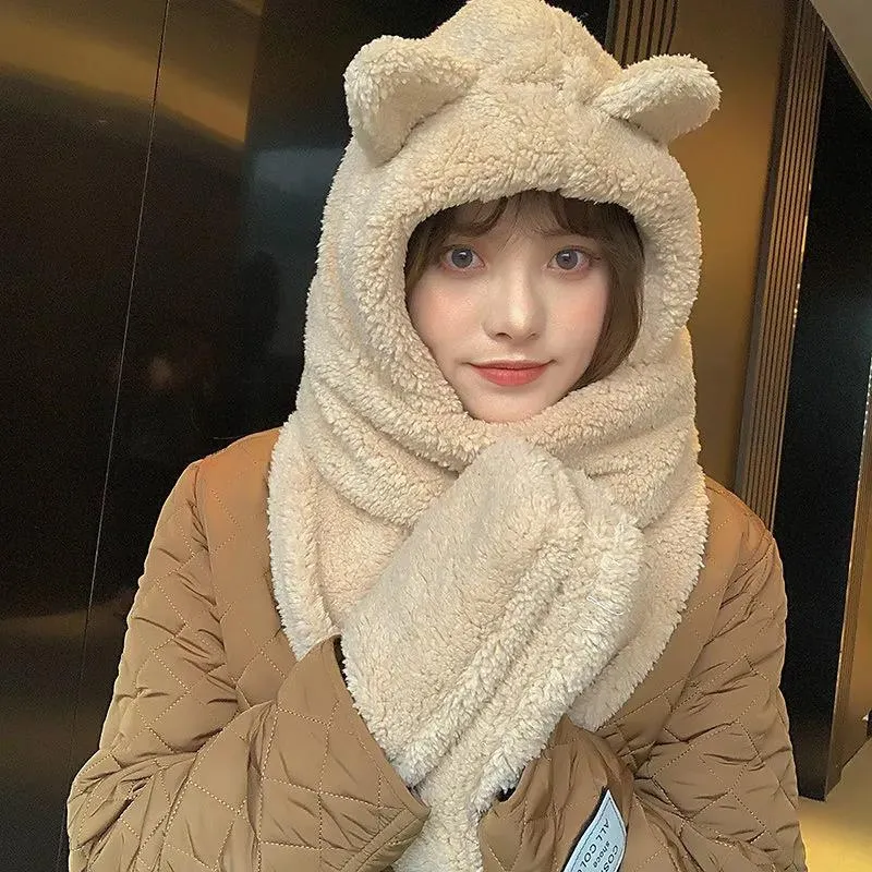 Winter Warm Scarf Women Girl Bear Ear Cut Hooded Hats Pockets Goloves Scarves All In One Cashmere Soft Shawls Female Fur Warm Winter Scarf