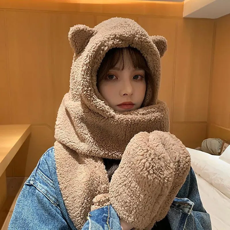 Winter Warm Scarf Women Girl Bear Ear Cut Hooded Hats Pockets Goloves Scarves All In One Cashmere Soft Shawls Female Fur Warm Winter Scarf