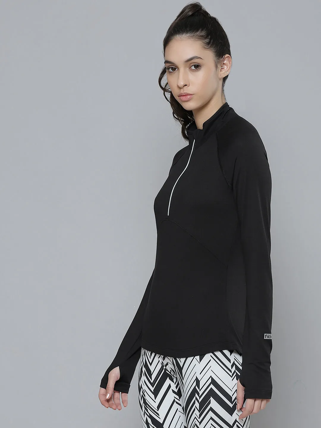 Women Black Solid High Neck Training T-shirt