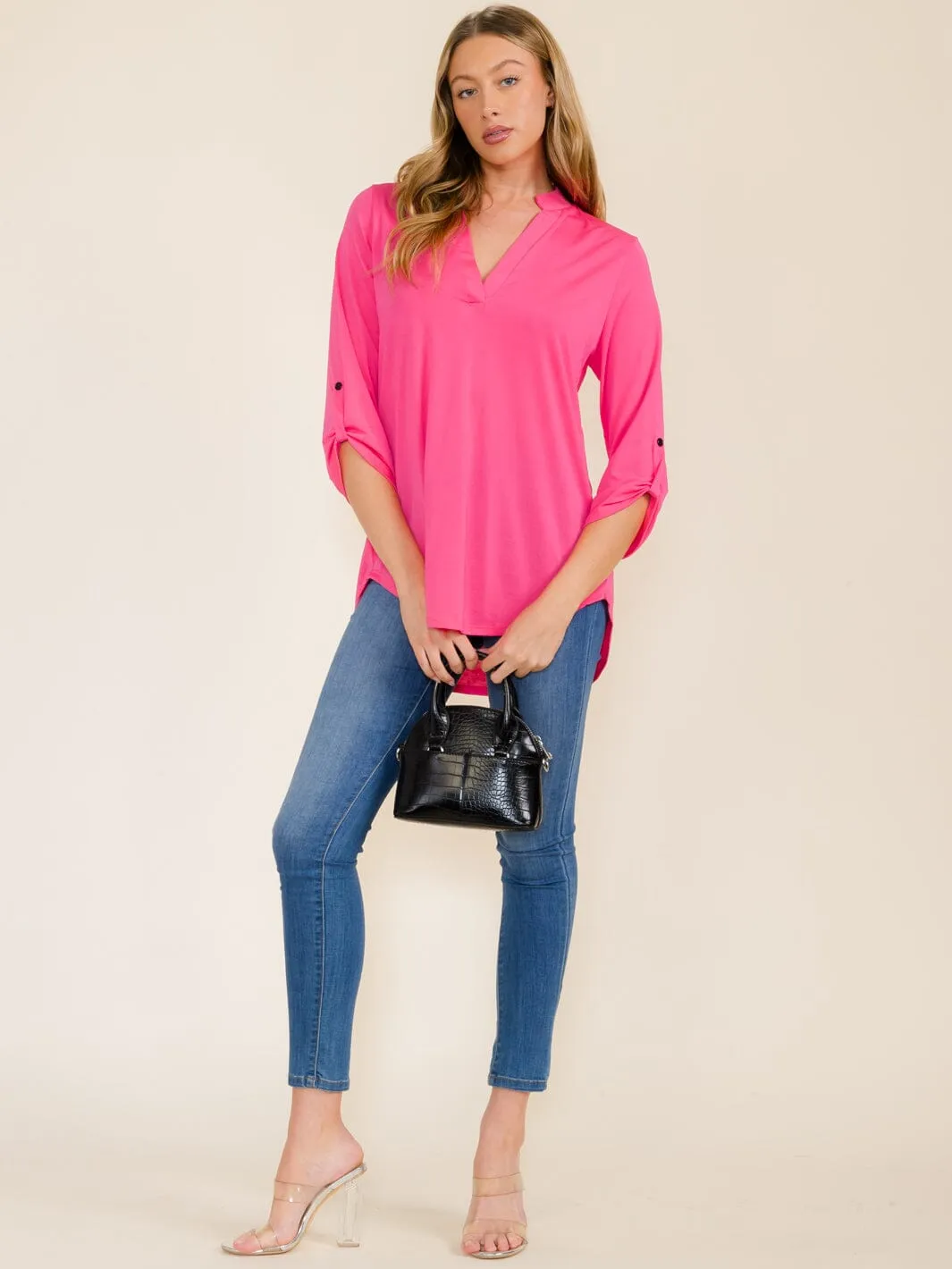 WOMEN'S 3/4 SLEEVES V-NECK TUNIC HIGH-LOW TOP