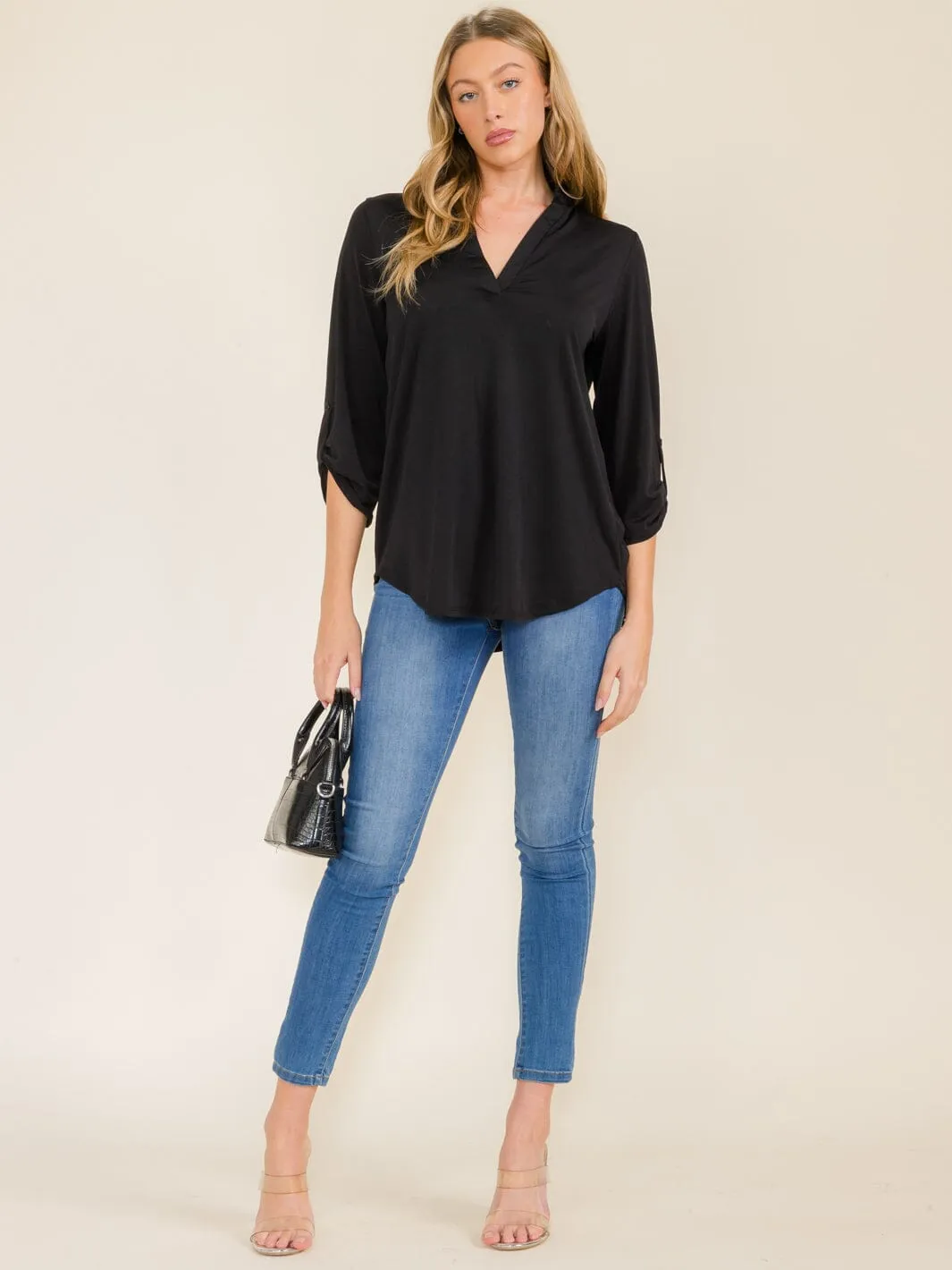 WOMEN'S 3/4 SLEEVES V-NECK TUNIC HIGH-LOW TOP
