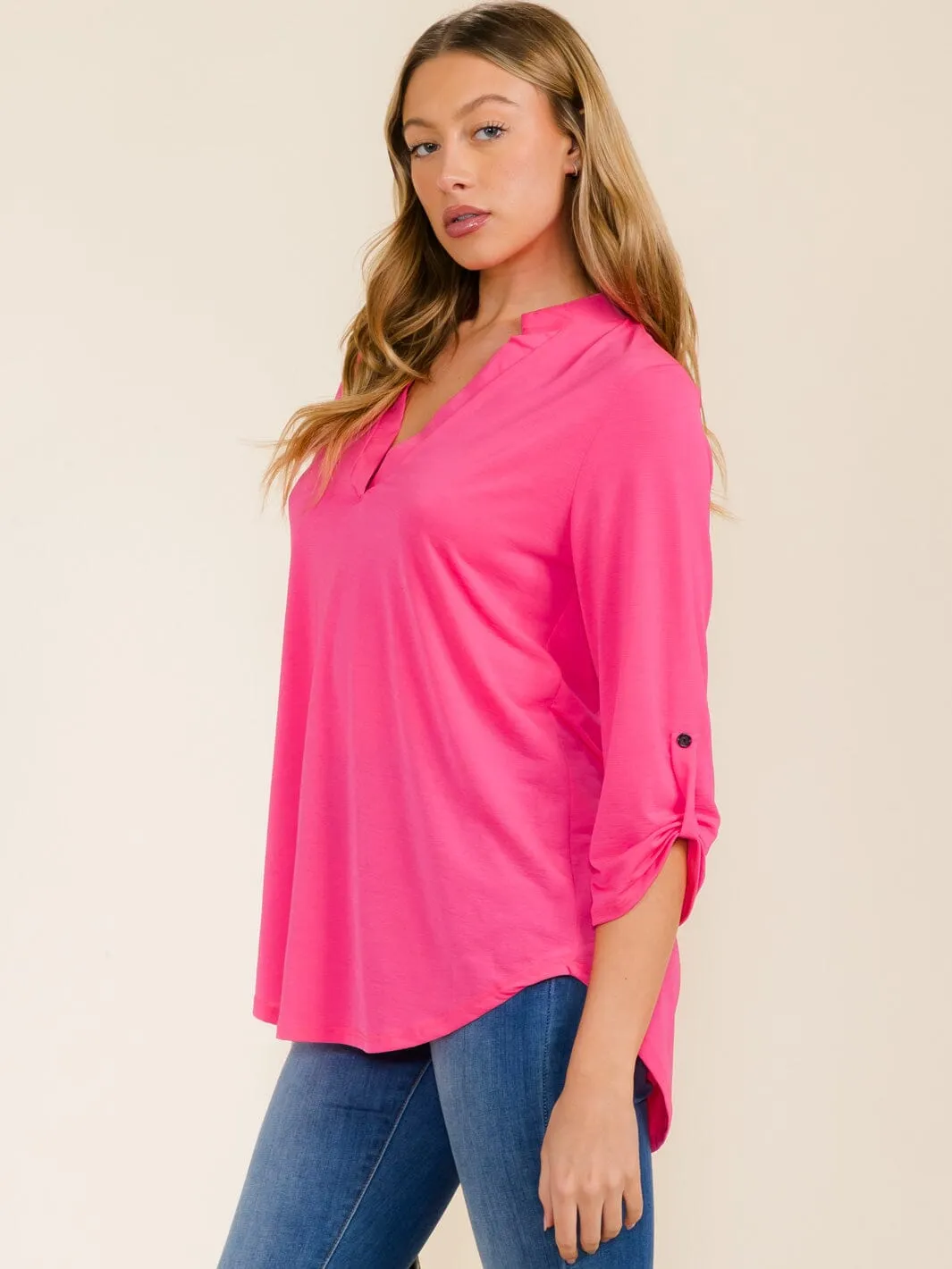 WOMEN'S 3/4 SLEEVES V-NECK TUNIC HIGH-LOW TOP