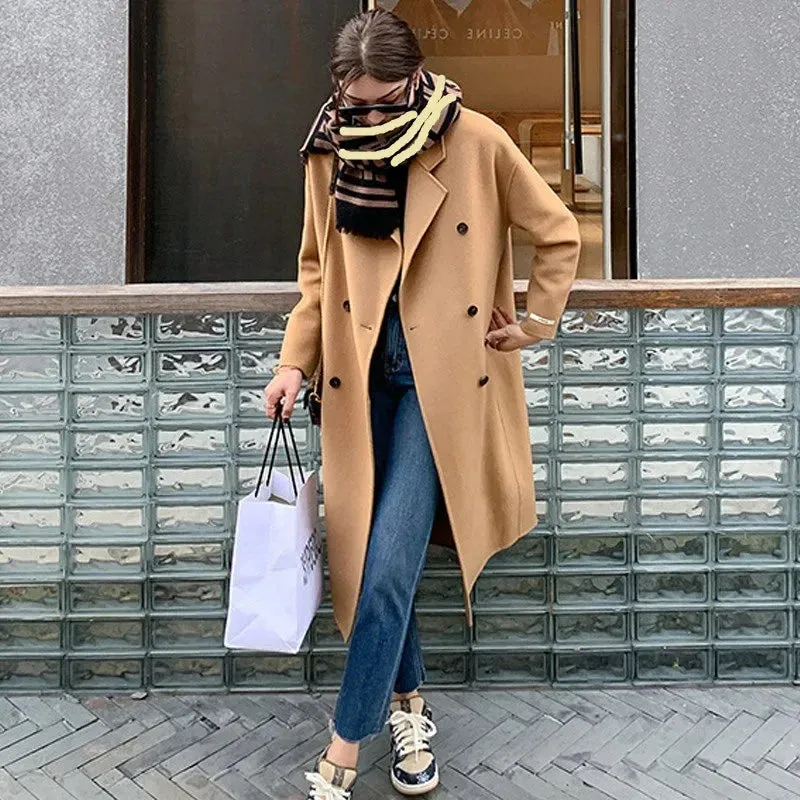 Women's Double-Breasted Camel Long Woolen Overcoat
