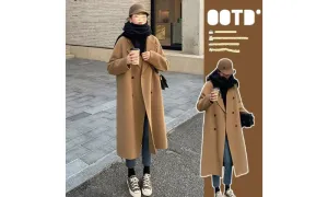 Women's Double-Breasted Camel Long Woolen Overcoat