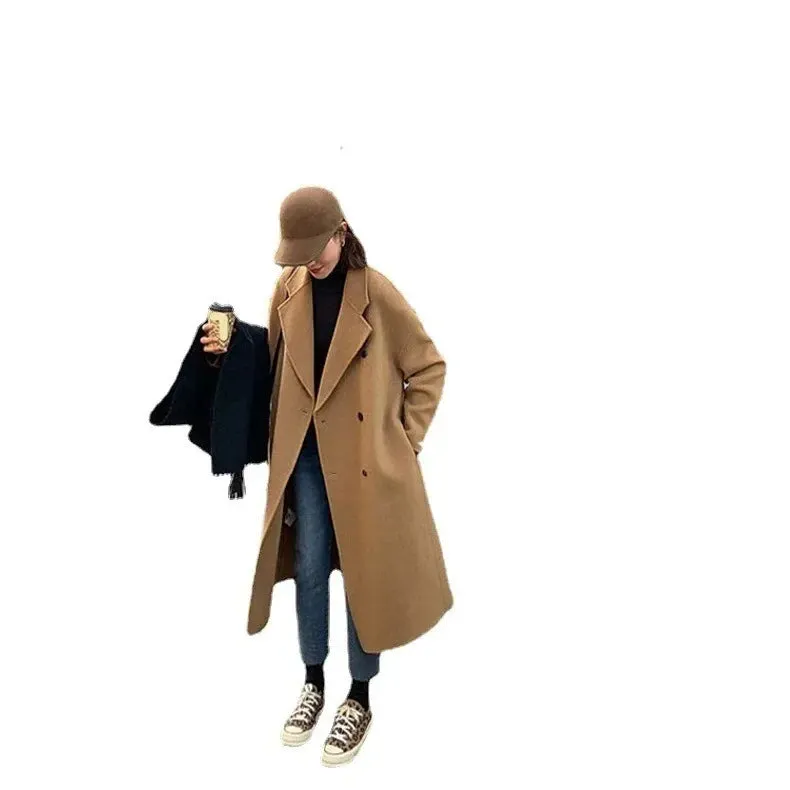 Women's Double-Breasted Camel Long Woolen Overcoat