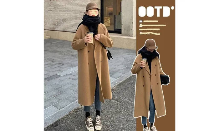 Women's Double-Breasted Camel Long Woolen Overcoat