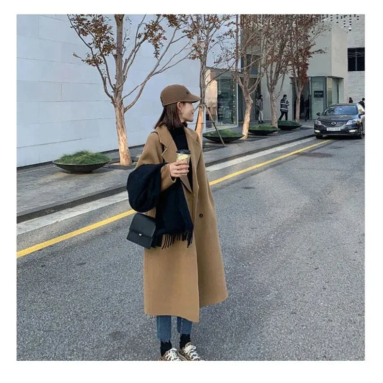 Women's Double-Breasted Camel Long Woolen Overcoat