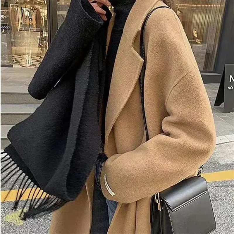 Women's Double-Breasted Camel Long Woolen Overcoat