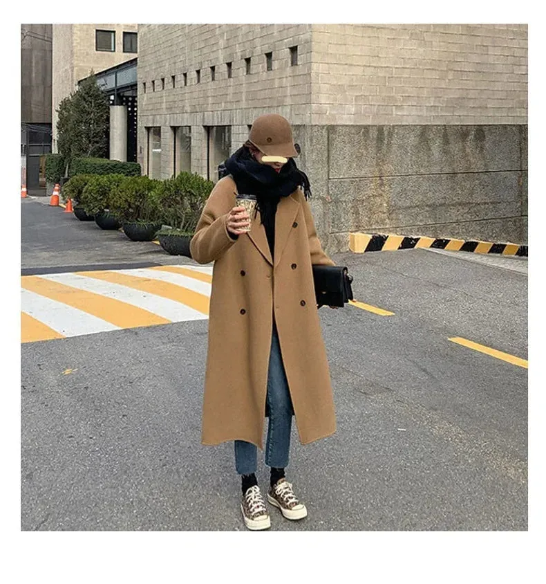 Women's Double-Breasted Camel Long Woolen Overcoat
