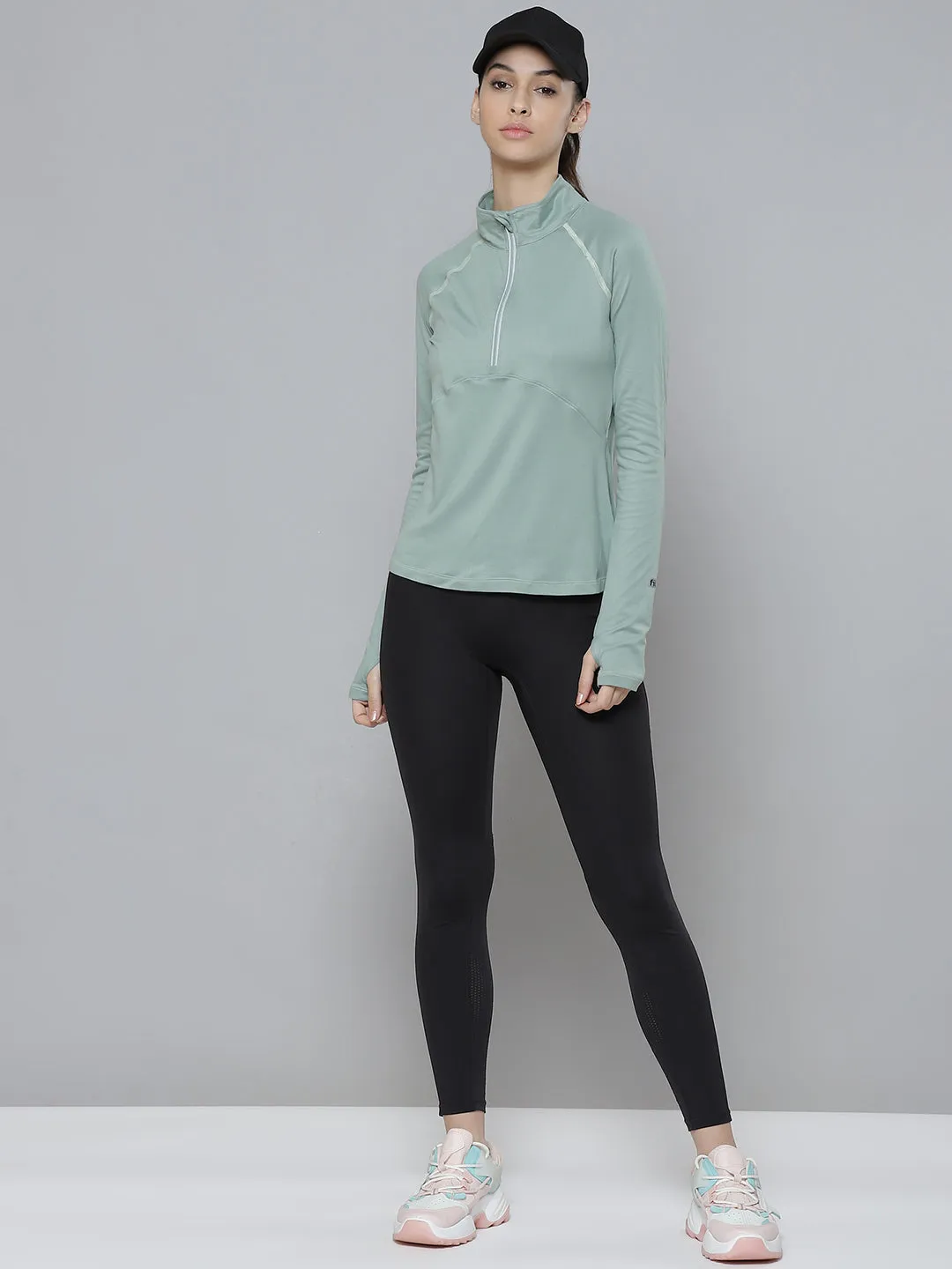 Women's Green High Neck Training or Gym T-shirt