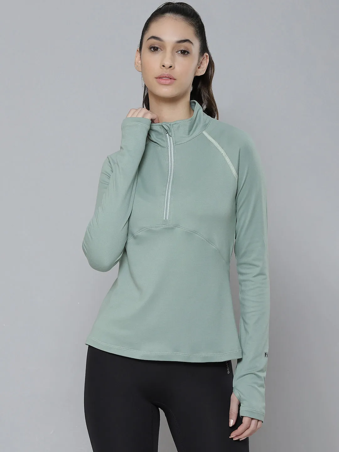Women's Green High Neck Training or Gym T-shirt