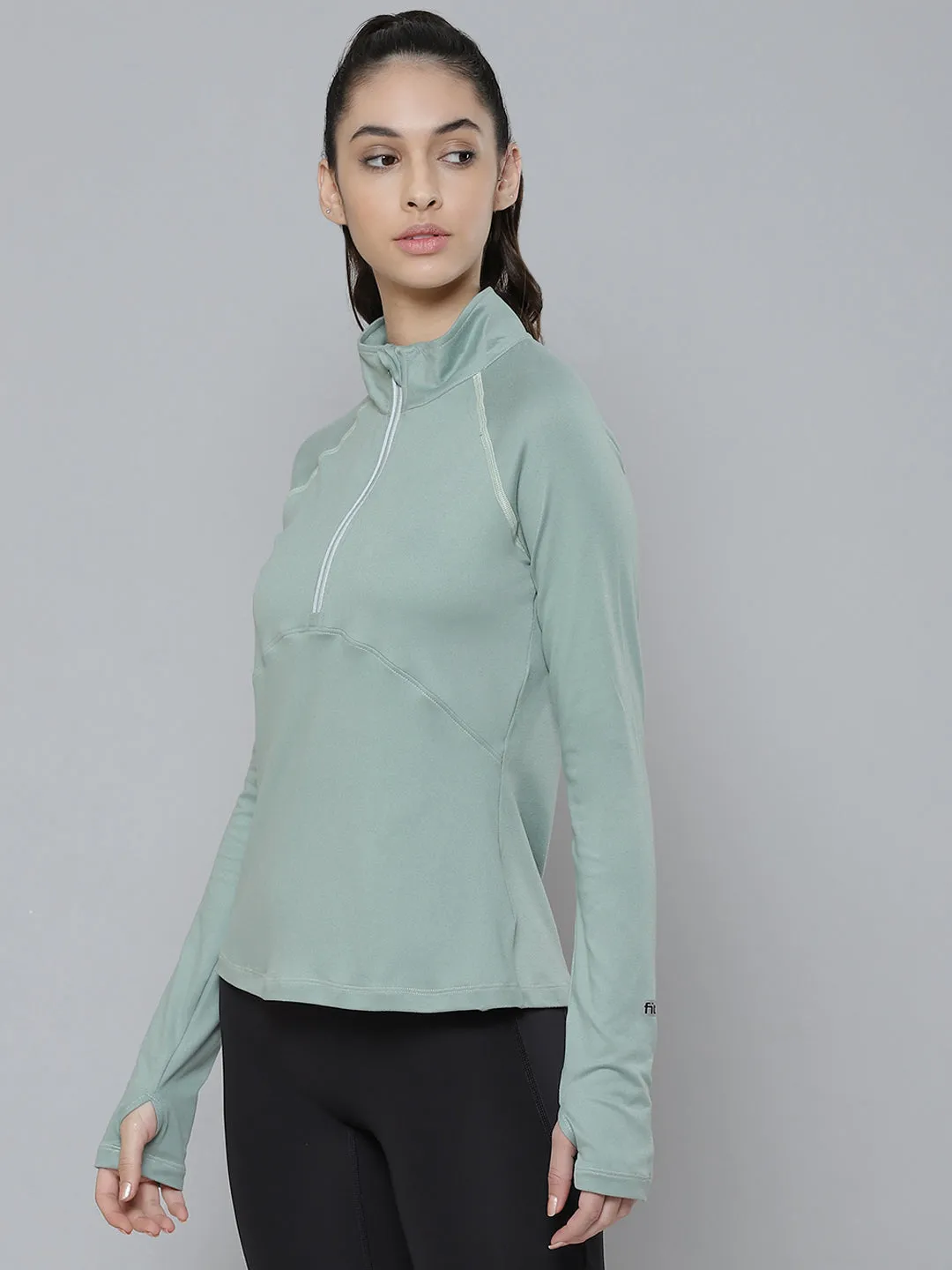 Women's Green High Neck Training or Gym T-shirt