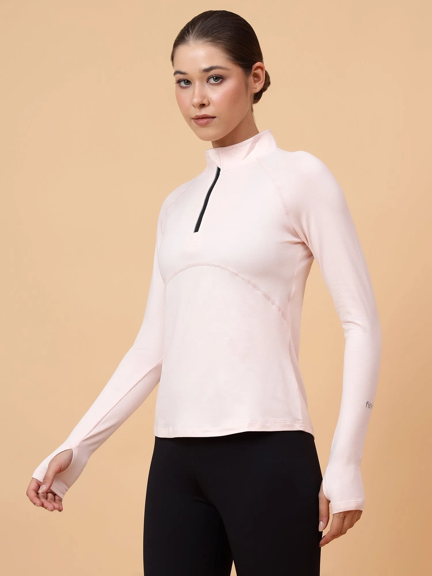 Women's Pink Solid High Neck Training T-shirt