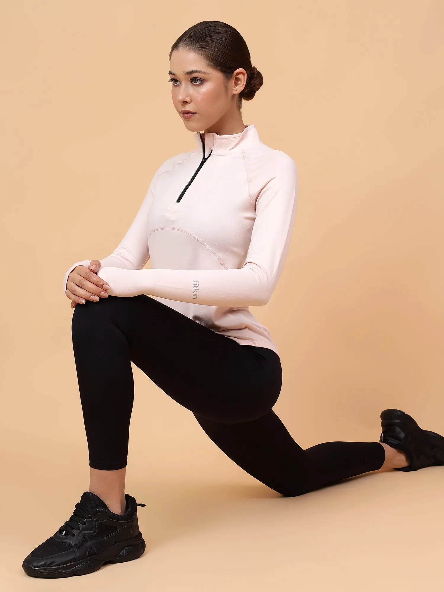 Women's Pink Solid High Neck Training T-shirt