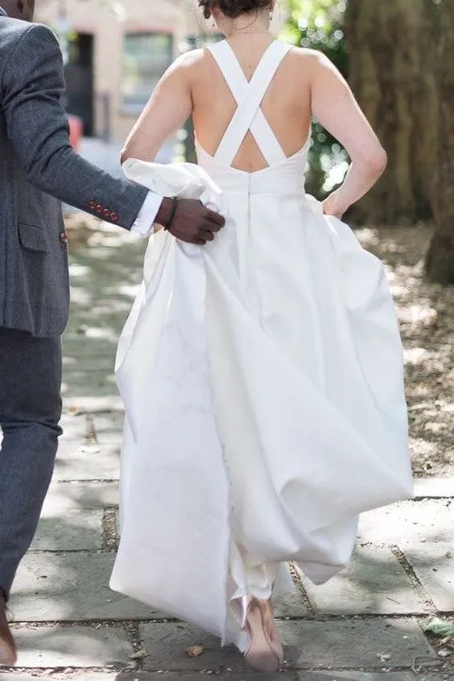 X-back Satin Simple Wedding Gown with Jewel Neck