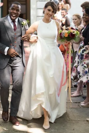 X-back Satin Simple Wedding Gown with Jewel Neck